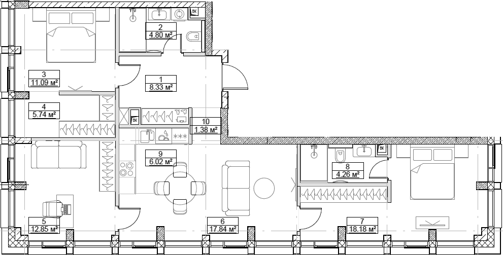 Планировка евро-4 (4Е) 90.49 м² в ЖК «Сити Бэй», корпус Норс 10