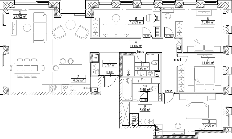 Планировка 5Е-к.кв 127.04 м² в ЖК «Сити Бэй», корпус Норс 7
