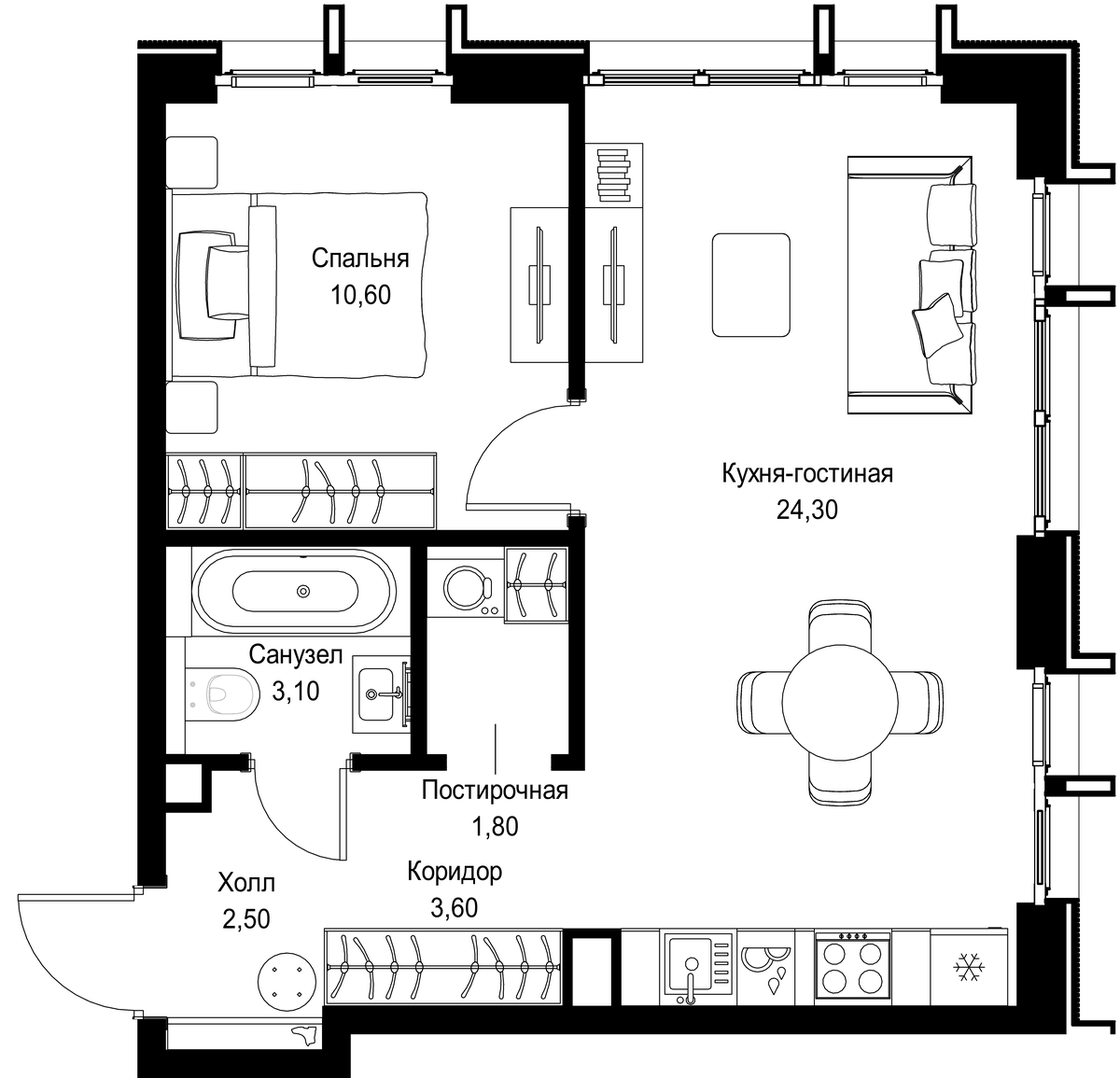 Планировка евродвушка (2Е) 45.9 м² в ЖК «СИТИДЗЕН», корпус 4