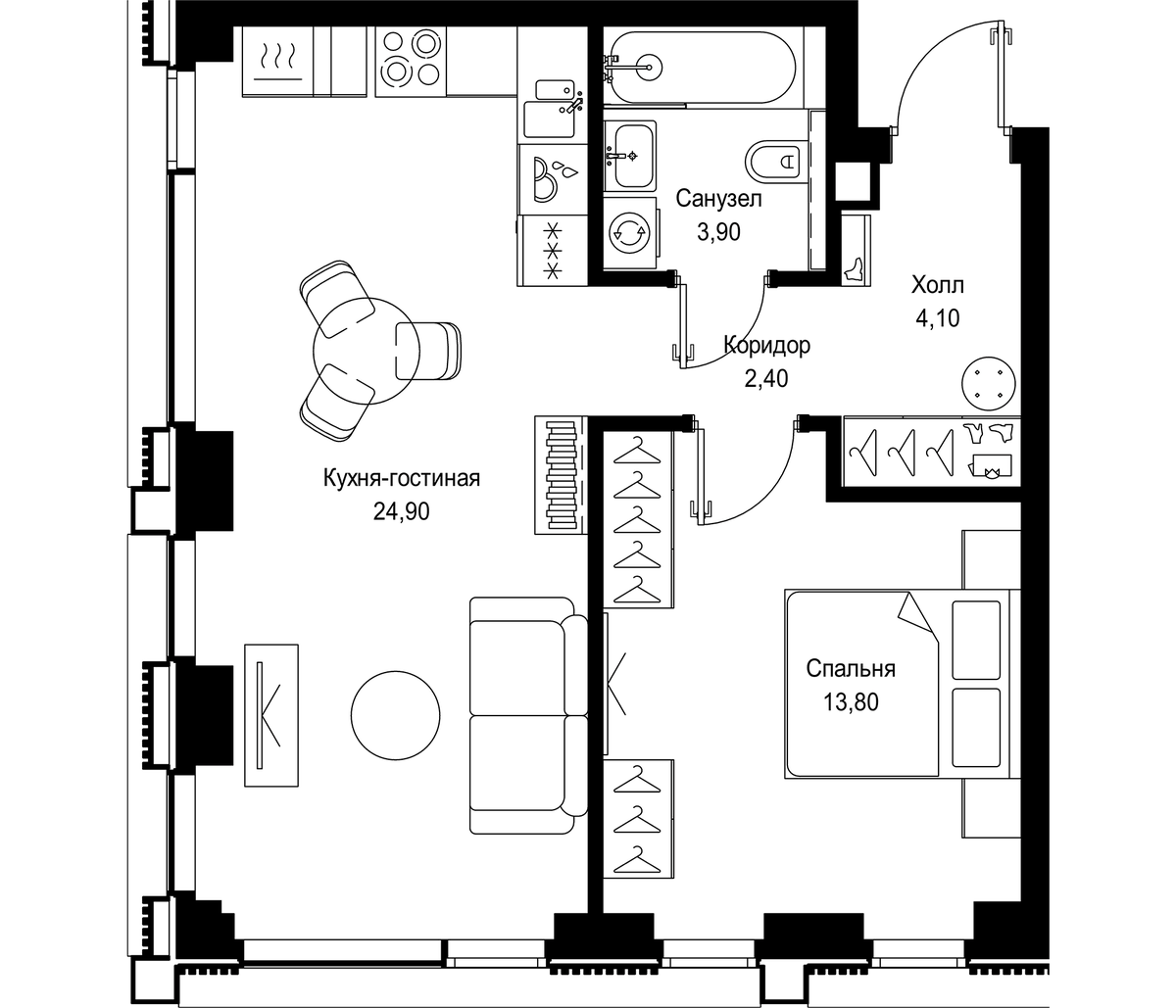 Планировка евродвушка (2Е) 49.1 м² в ЖК «СИТИДЗЕН», корпус 2