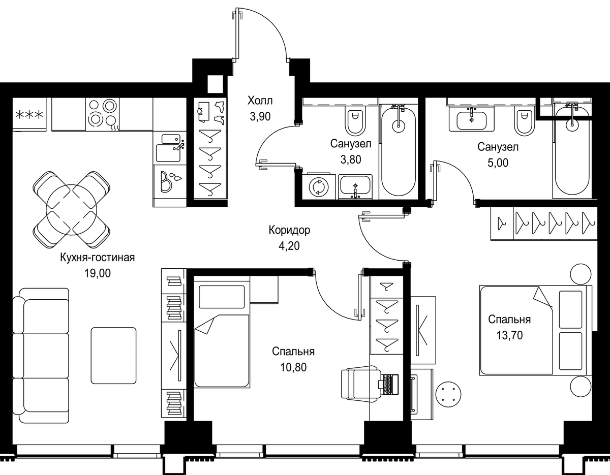 Планировка евротрёшка (3Е) 60.4 м² в ЖК «СИТИДЗЕН», корпус 2