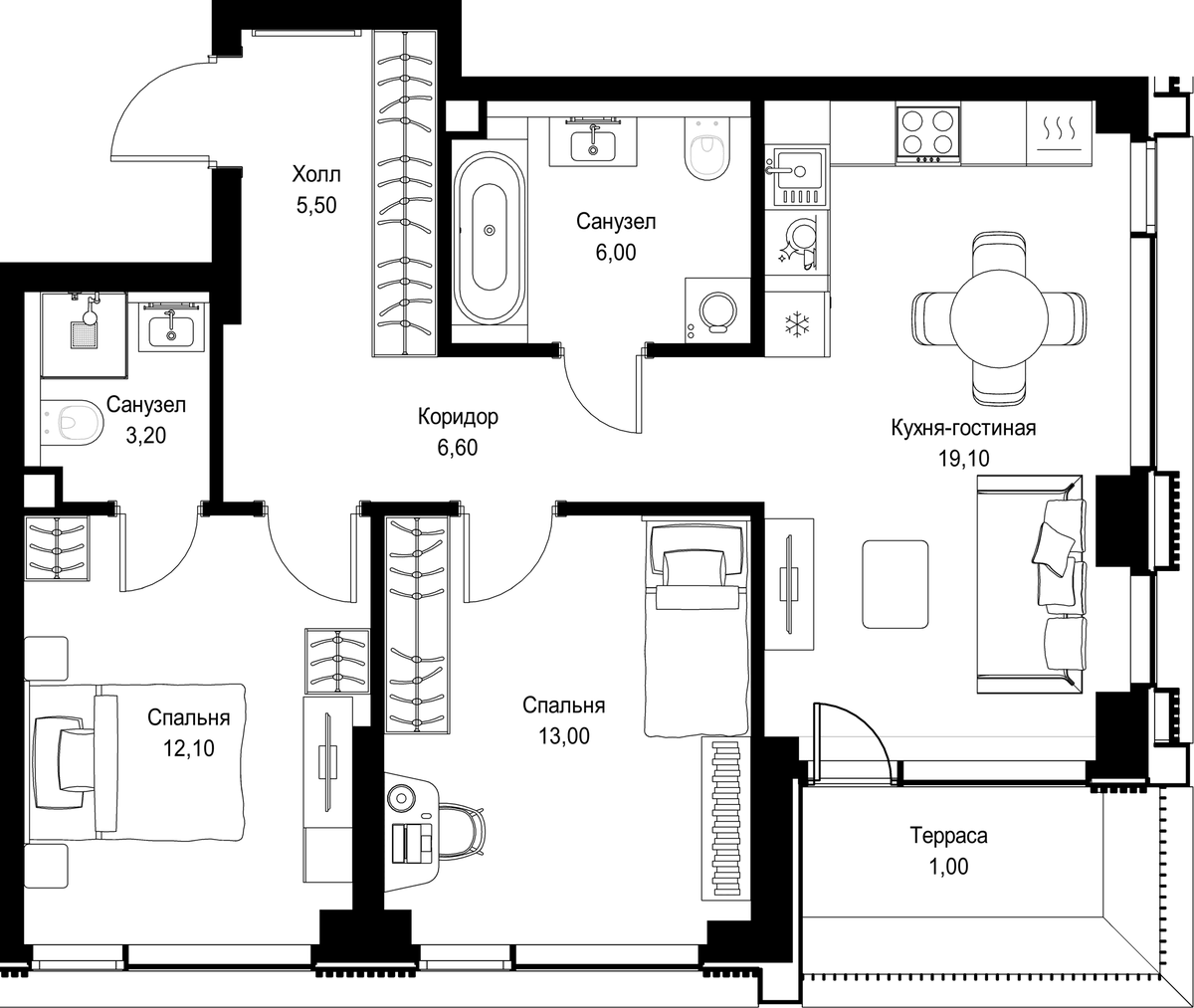 Планировка евротрёшка (3Е) 66.5 м² в ЖК «СИТИДЗЕН», корпус 2