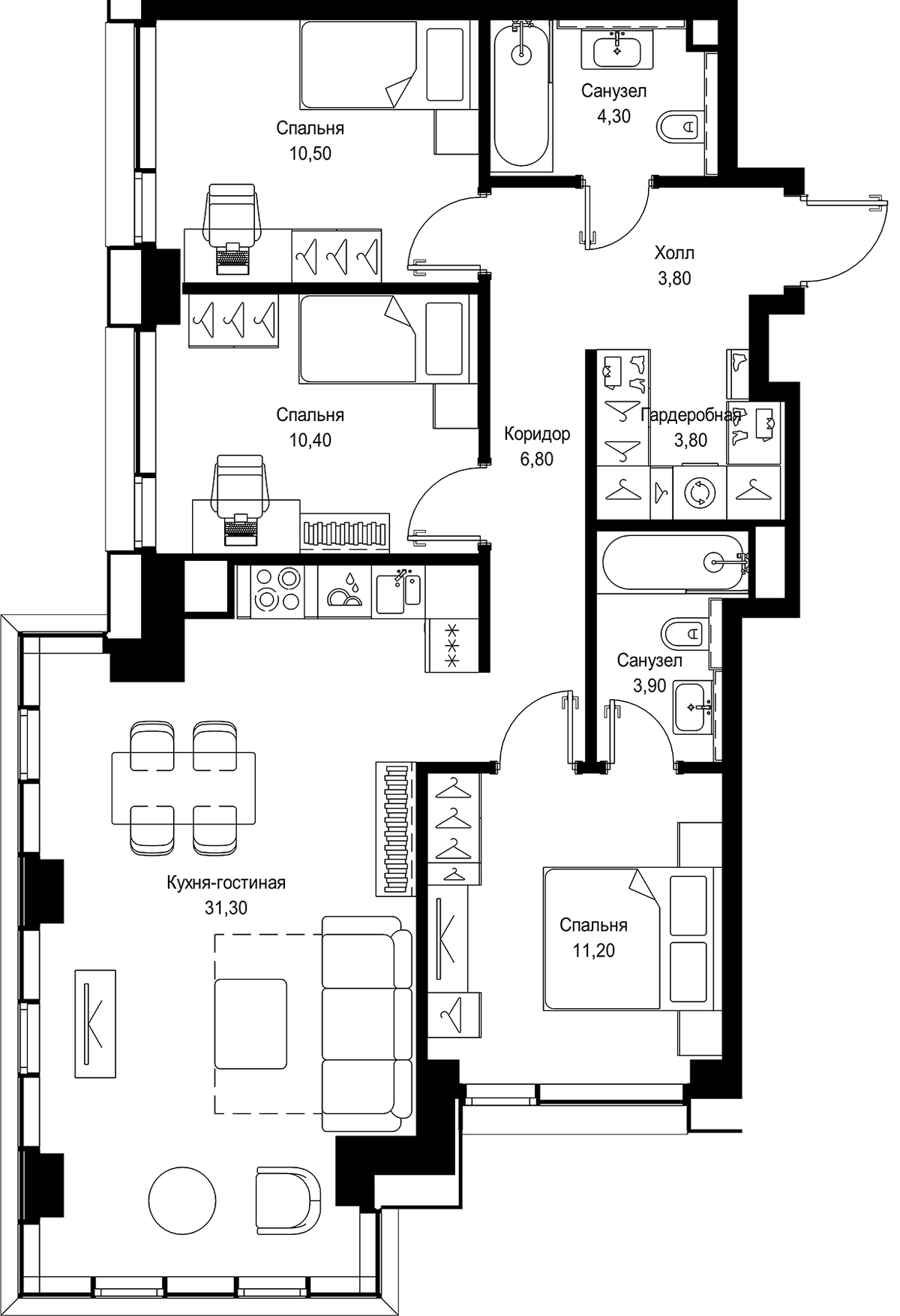 Планировка евро-4 (4Е) 86 м² в ЖК «СИТИДЗЕН», корпус 3