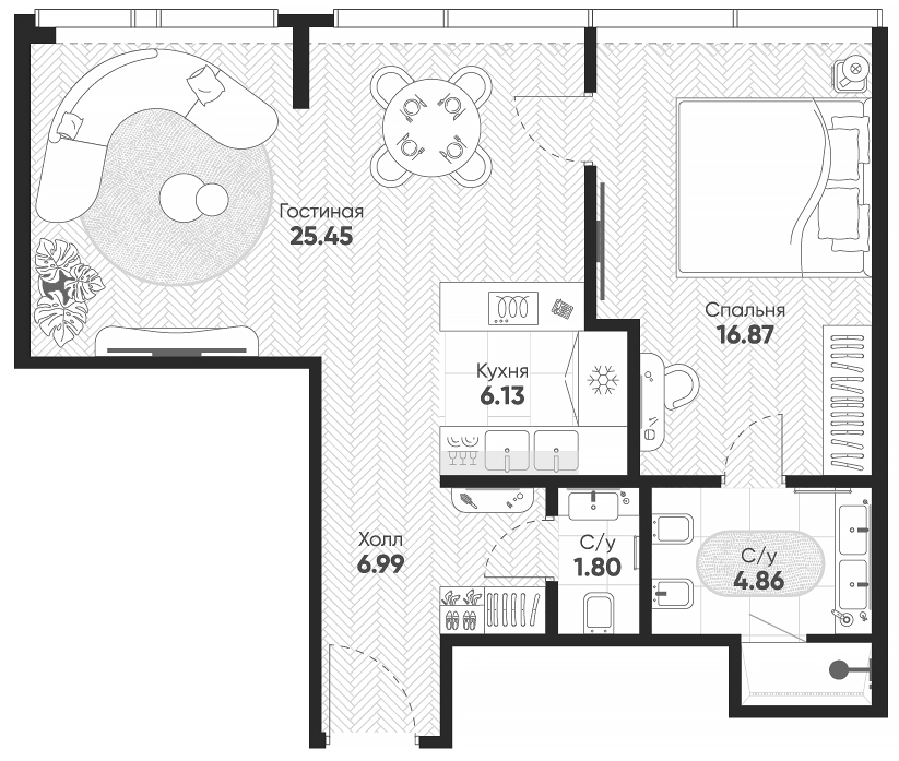 Планировка евродвушка (2Е) 62.2 м² в ЖК «Арбат 2», корпус 1
