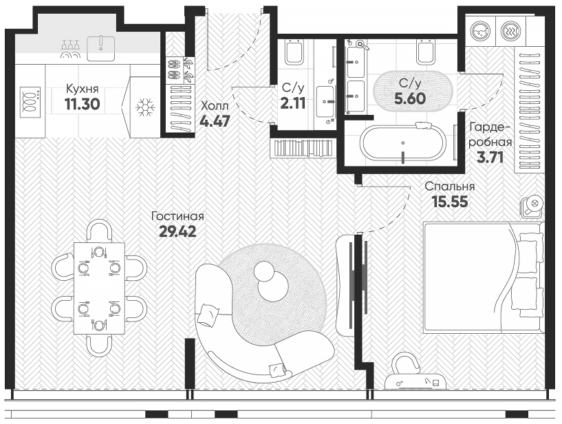 Планировка евродвушка (2Е) 71.3 м² в ЖК «Арбат 2», корпус 1
