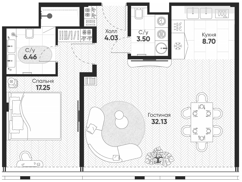 Планировка евродвушка (2Е) 71.7 м² в ЖК «Арбат 2», корпус 1