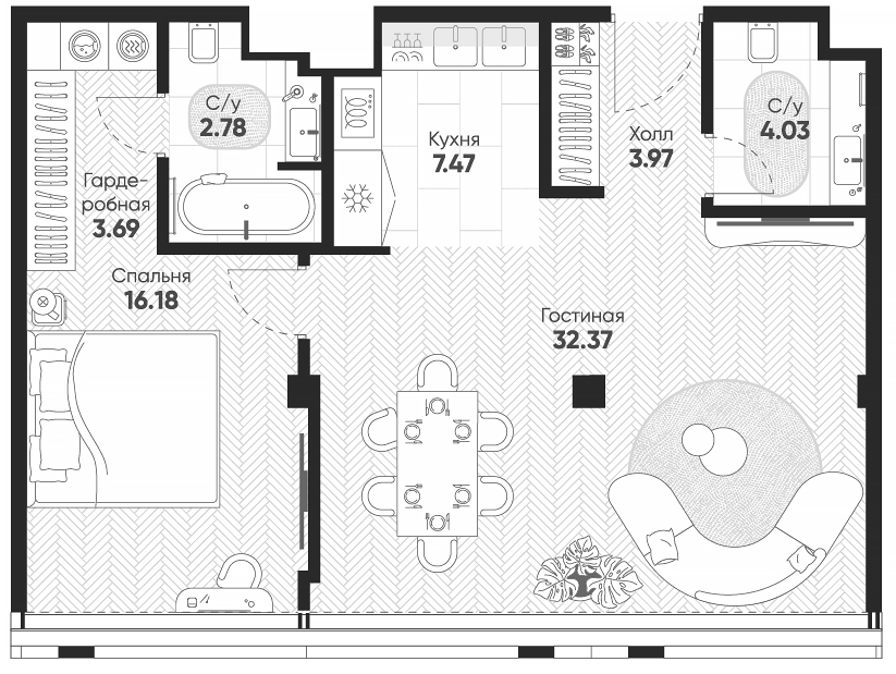 Планировка евродвушка (2Е) 72.1 м² в ЖК «Арбат 2», корпус 1