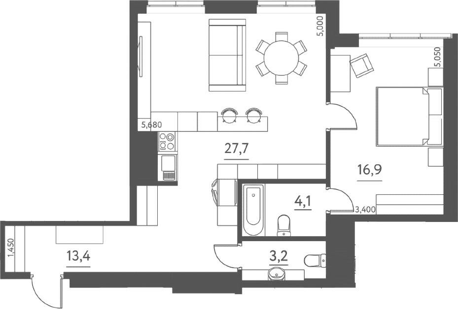 Планировка евродвушка (2Е) 65.3 м² в ЖК «Данилов Дом», корпус 1