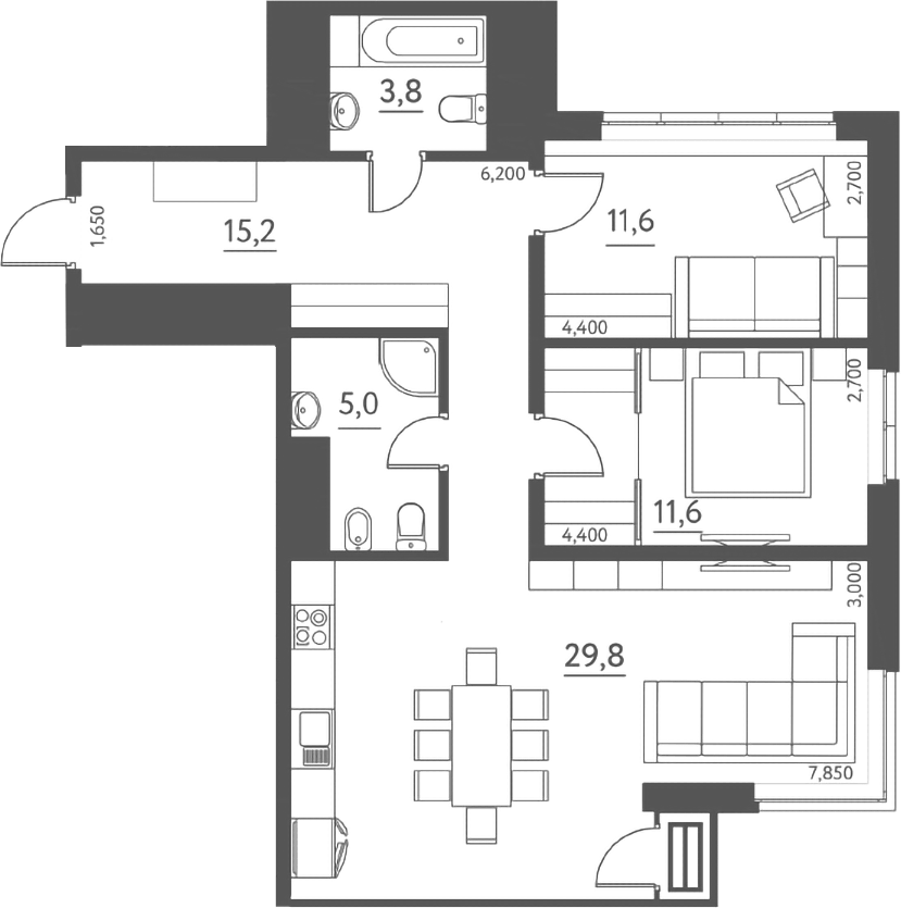 Планировка евротрёшка (3Е) 77 м² в ЖК «Данилов Дом», корпус 1