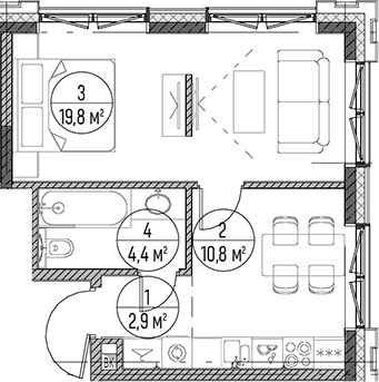 Планировка однокомнатная 37.9 м² в ЖК «Дом на Часовой», корпус 1