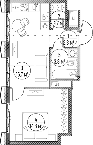 Планировка евродвушка (2Е) 39.3 м² в ЖК «Дом на Часовой», корпус 1