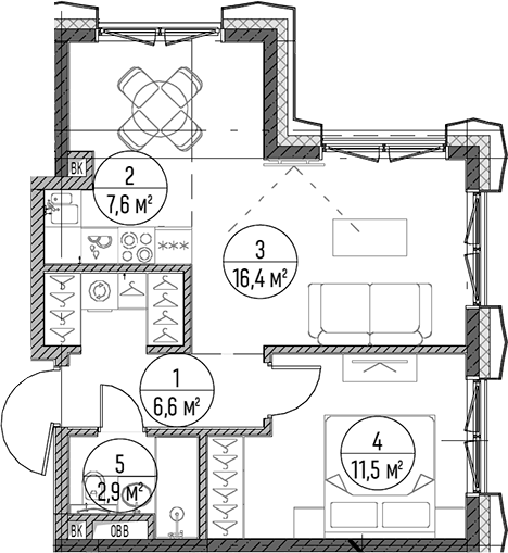Планировка евродвушка (2Е) 45 м² в ЖК «Дом на Часовой», корпус 1