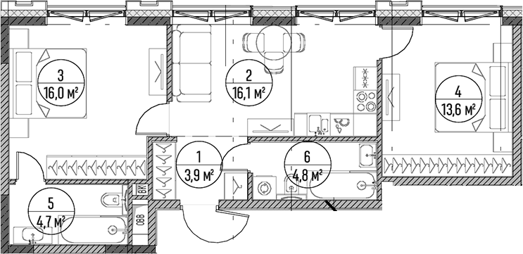 Планировка евротрёшка (3Е) 59.1 м² в ЖК «Дом на Часовой», корпус 1