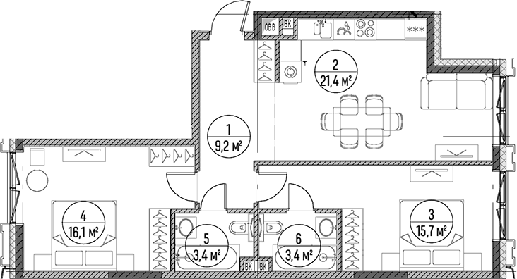 Планировка евротрёшка (3Е) 69.2 м² в ЖК «Дом на Часовой», корпус 1
