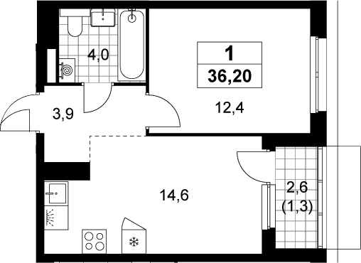 Планировка однокомнатная 36.2 м² в ЖК «Деснаречье», корпус 2.6
