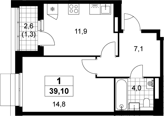 Планировка однокомнатная 39.1 м² в ЖК «Деснаречье», корпус 2.6