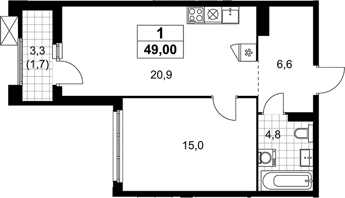 Планировка евродвушка (2Е) 49 м² в ЖК «Деснаречье», корпус 7.7