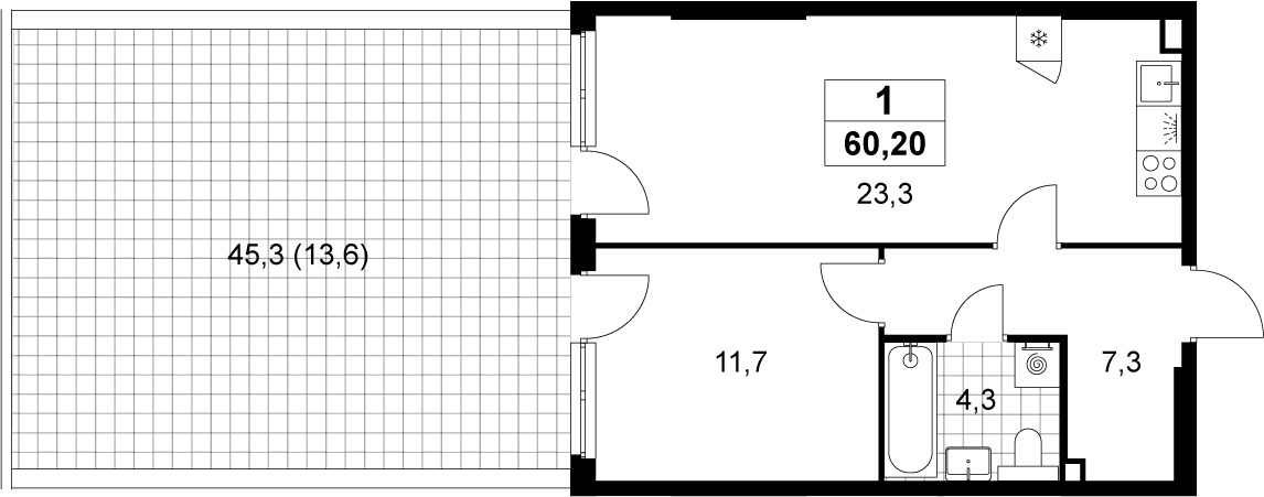 Планировка евродвушка (2Е) 60.2 м² в ЖК «Деснаречье», корпус 2.1