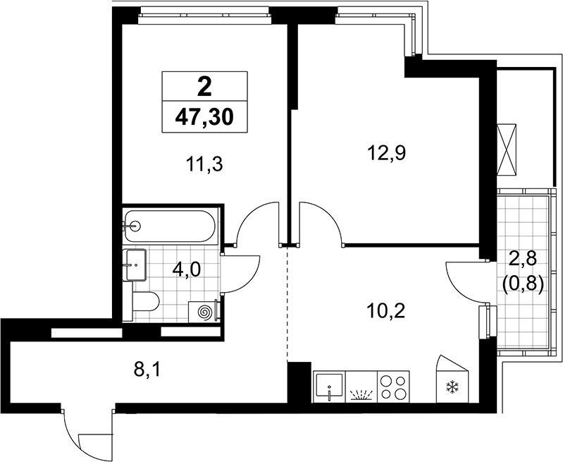 Планировка двухкомнатная 47.3 м² в ЖК «Деснаречье», корпус 2.7