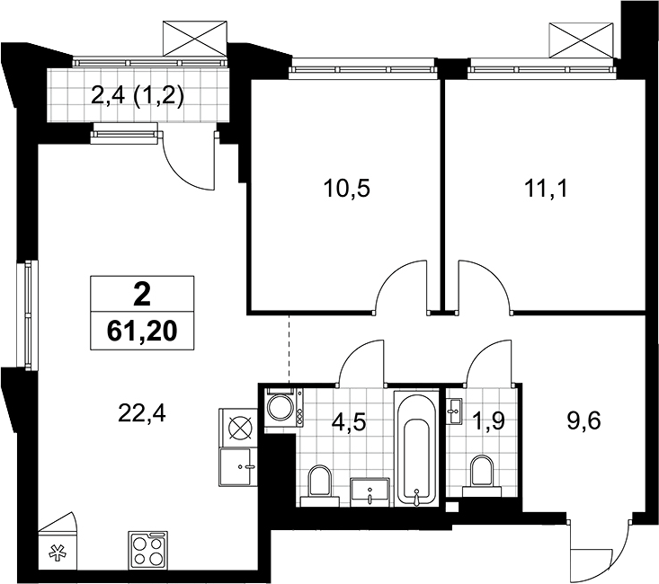 Планировка евротрёшка (3Е) 61.2 м² в ЖК «Деснаречье», корпус 7.1
