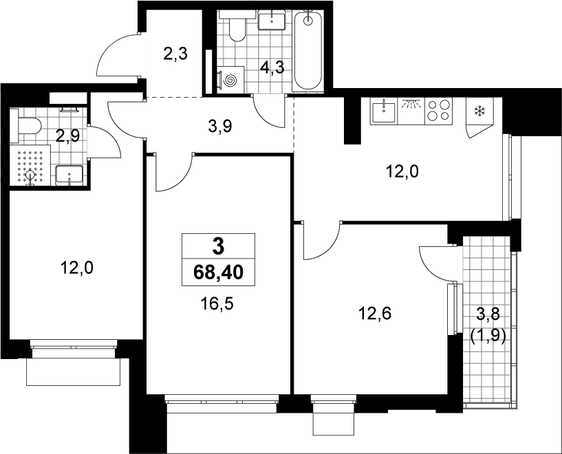 Планировка трёхкомнатная 68.4 м² в ЖК «Деснаречье», корпус 2.5