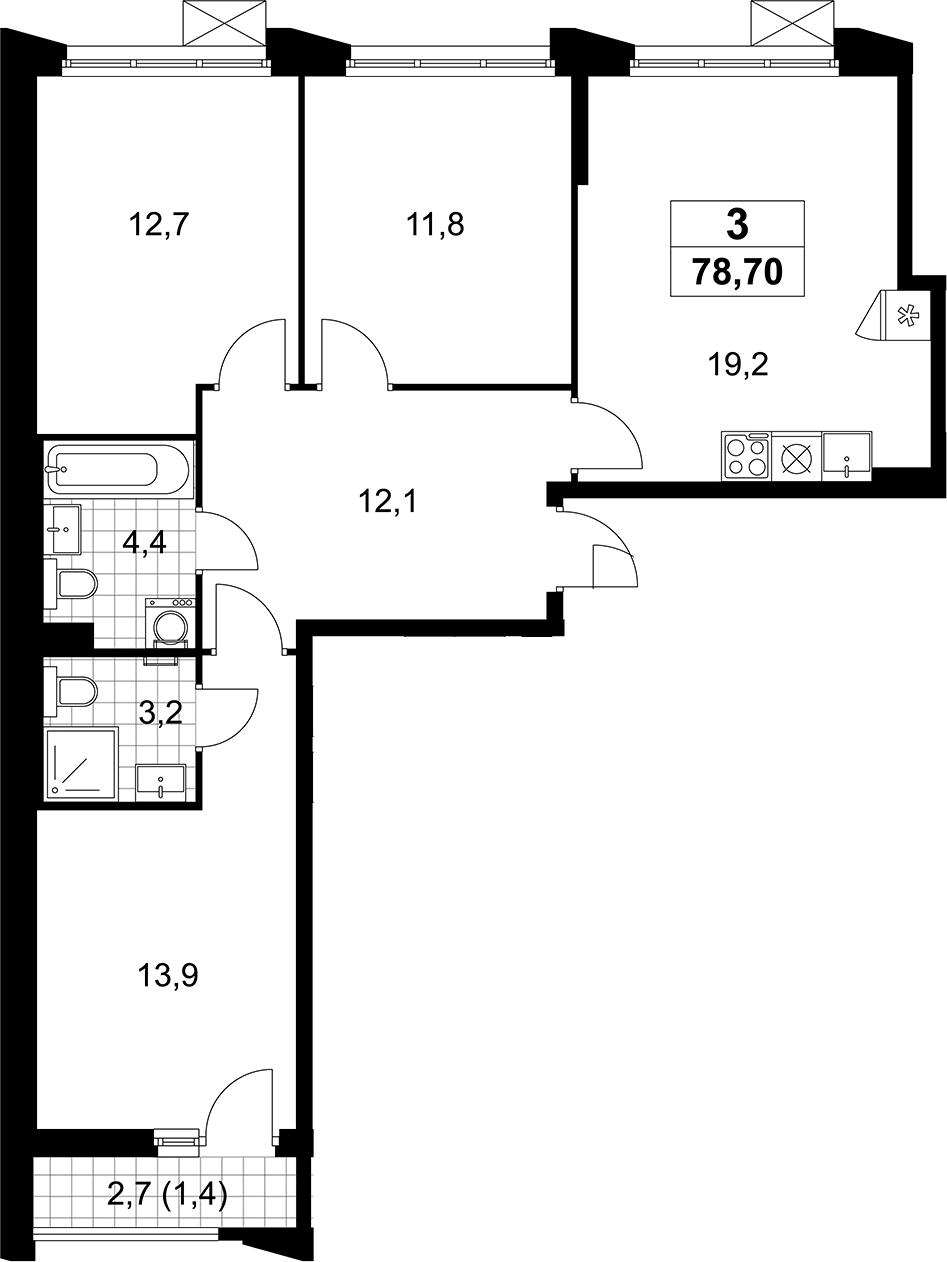 Планировка евро-4 (4Е) 78.7 м² в ЖК «Деснаречье», корпус 7.1