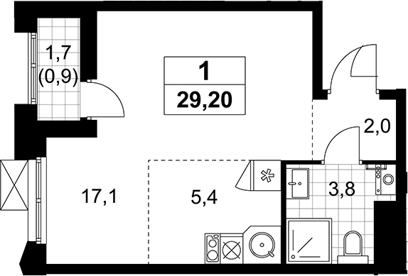 Планировка Студии 29.2 м² в ЖК «Деснаречье», корпус 7.1