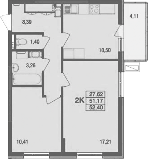 Планировка двухкомнатная 52.4 м² в ЖК «Десятка», корпус 7