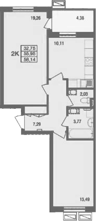 Планировка двухкомнатная 58.14 м² в ЖК «Десятка», корпус 7