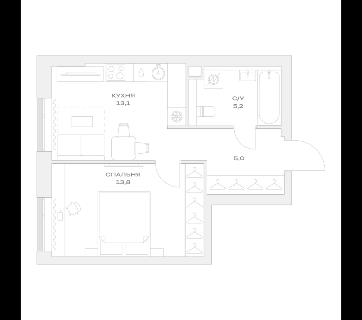Планировка однокомнатная 37 м² в ЖК «Детали», корпус 1