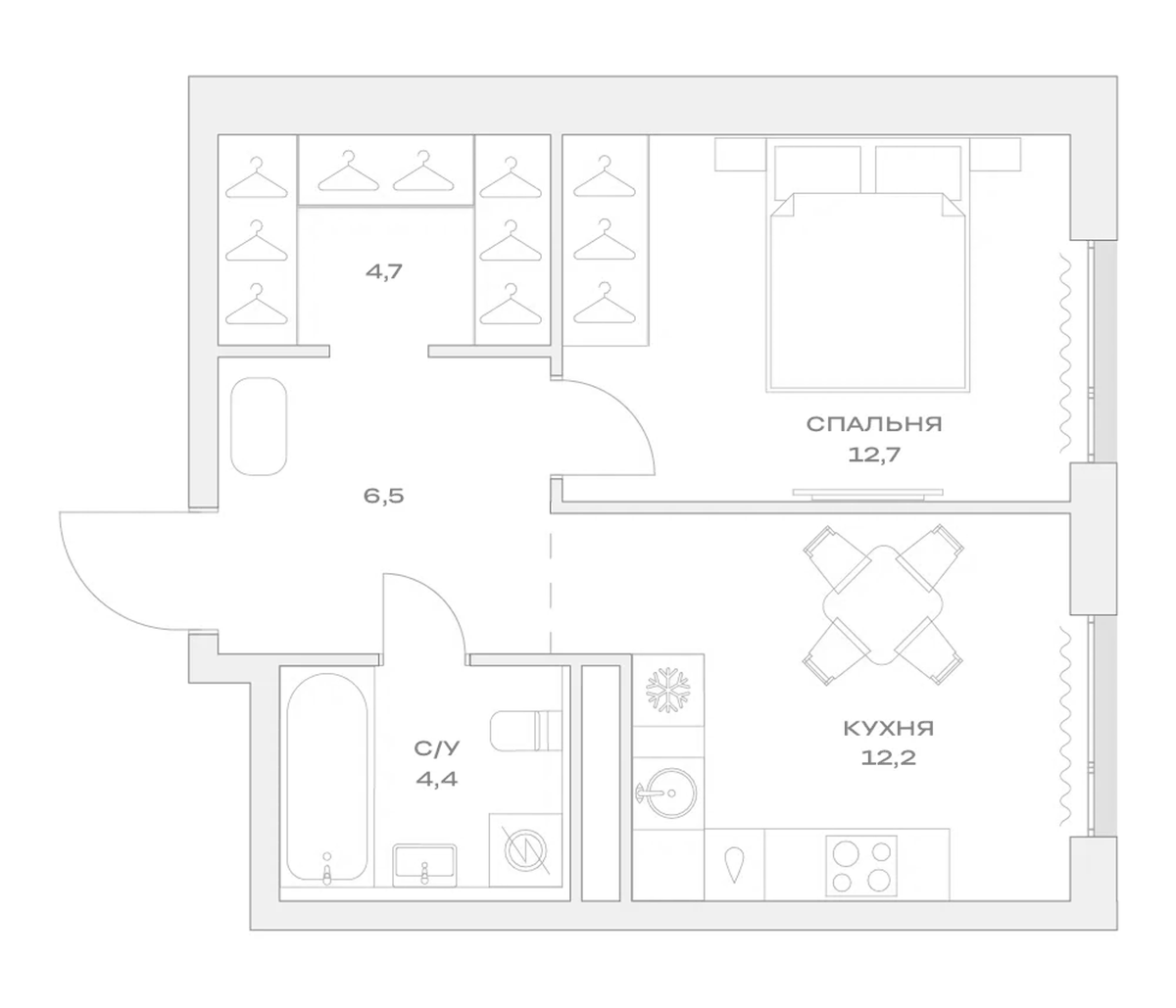 Планировка однокомнатная 40.5 м² в ЖК «Детали», корпус 1