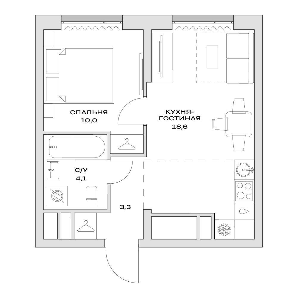 Планировка евродвушка (2Е) 36 м² в ЖК «Детали», корпус 1