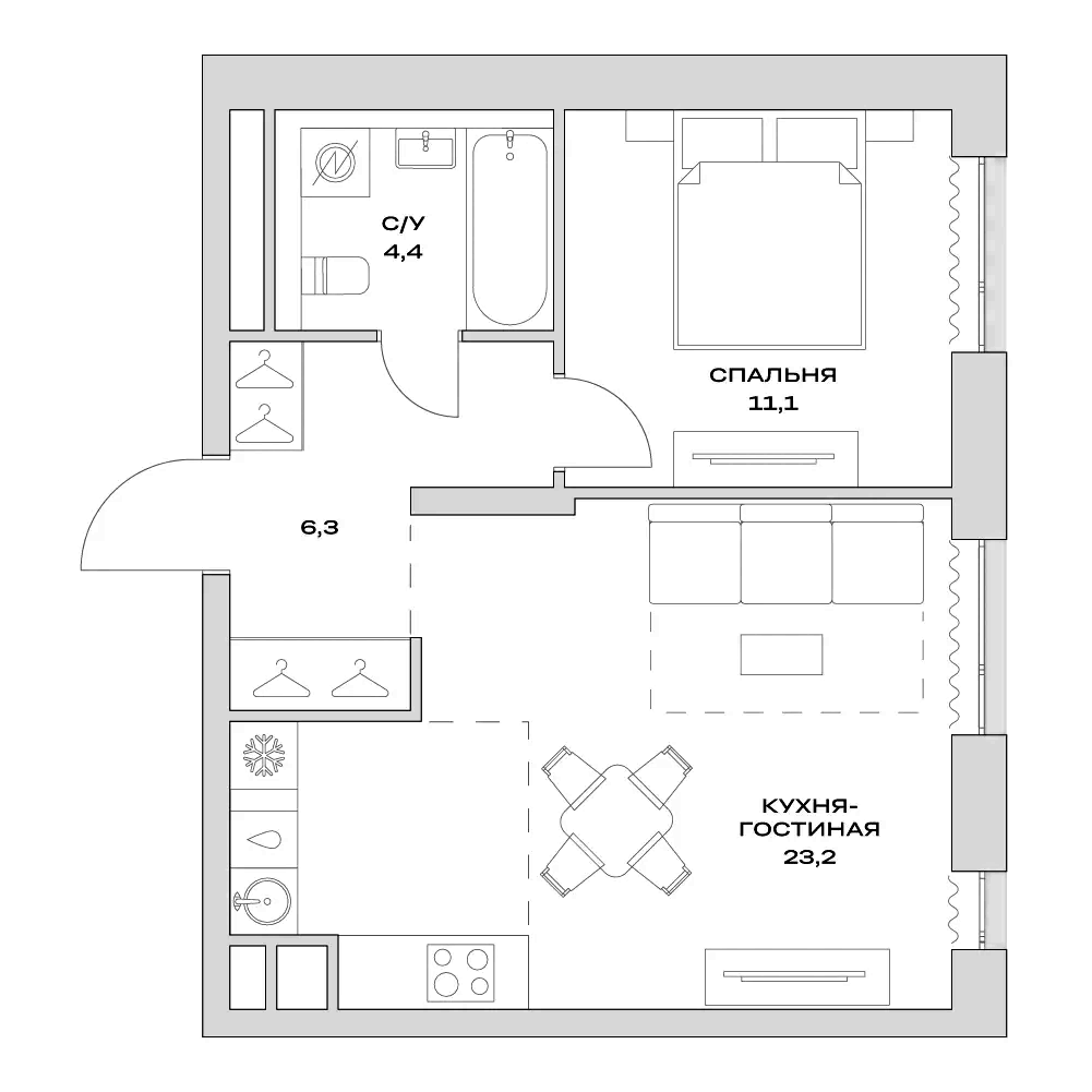 Планировка евродвушка (2Е) 45 м² в ЖК «Детали», корпус 1