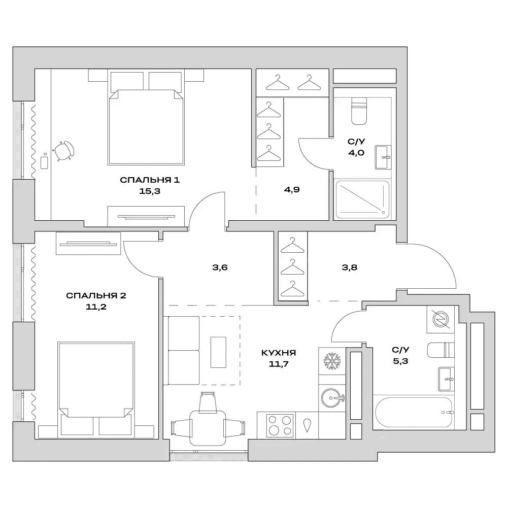 Планировка двухкомнатная 59.8 м² в ЖК «Детали», корпус 1