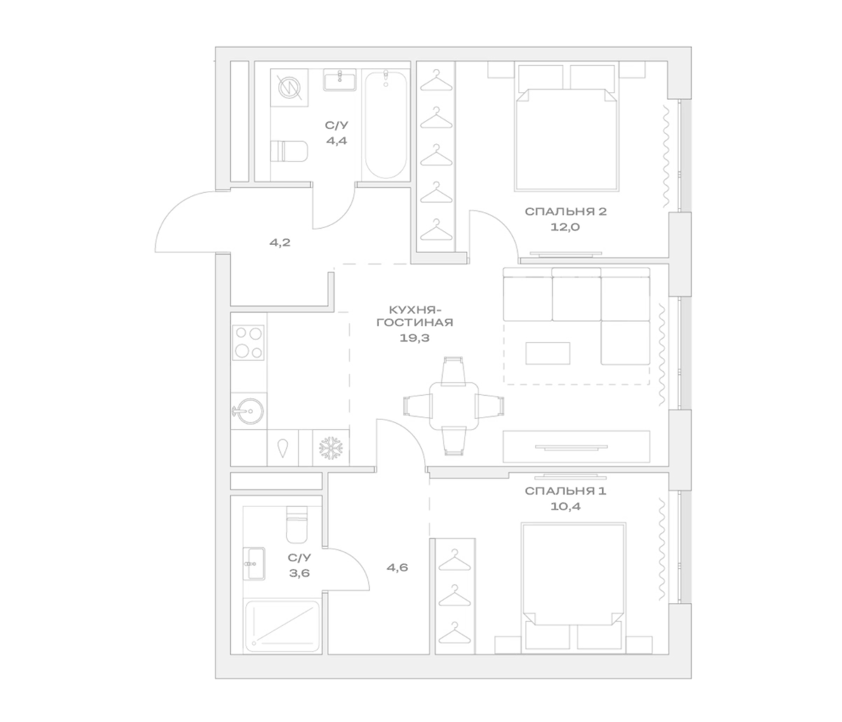 Планировка евротрёшка (3Е) 58.5 м² в ЖК «Детали», корпус 1
