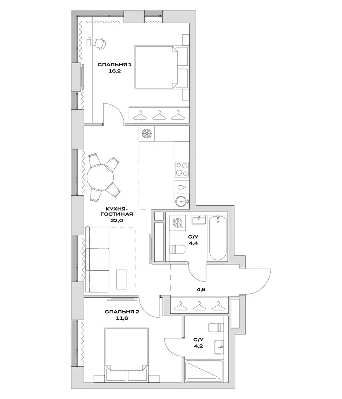Планировка евротрёшка (3Е) 63 м² в ЖК «Детали», корпус 1