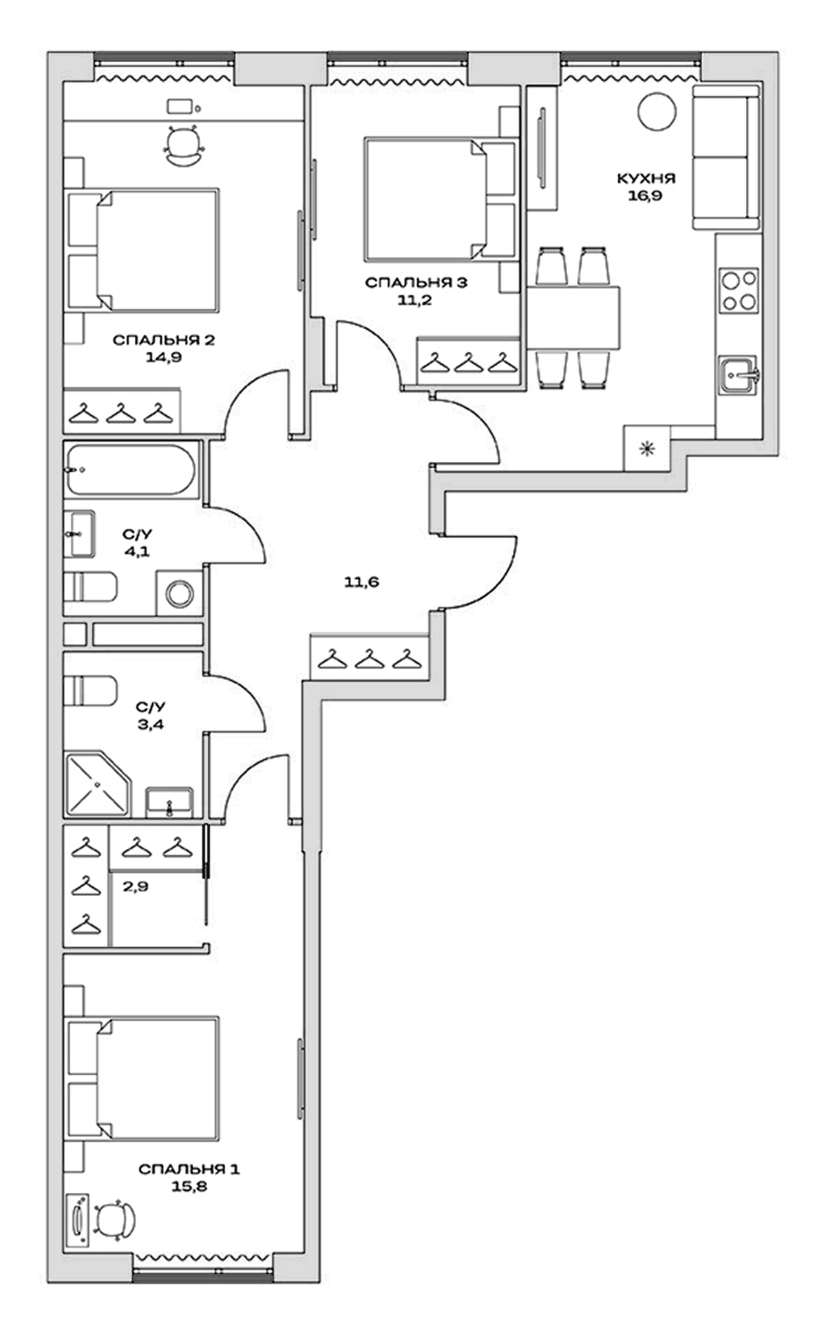 Планировка трёхкомнатная 80.8 м² в ЖК «Детали», корпус 1