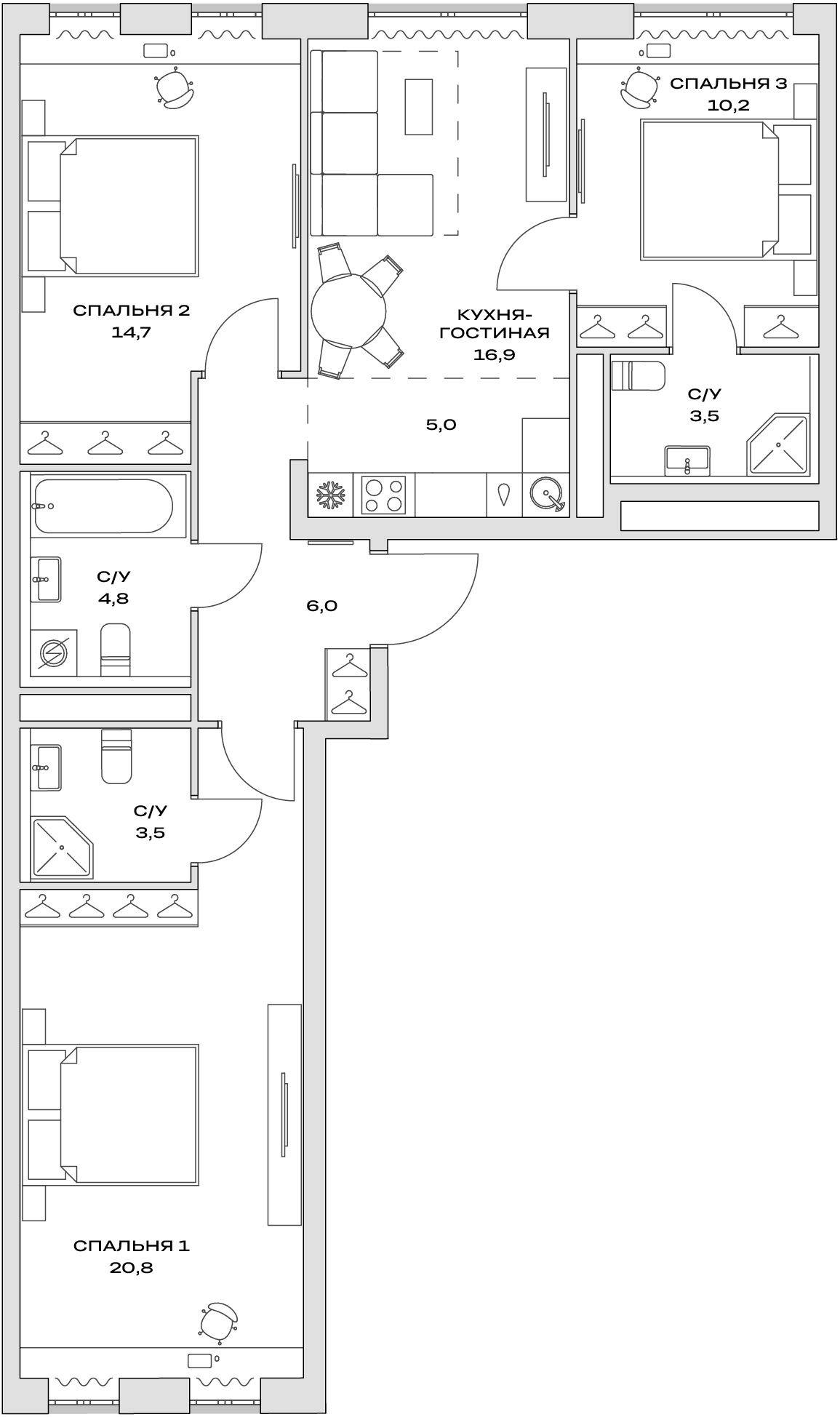 Планировка евро-4 (4Е) 80.2 м² в ЖК «Детали», корпус 1