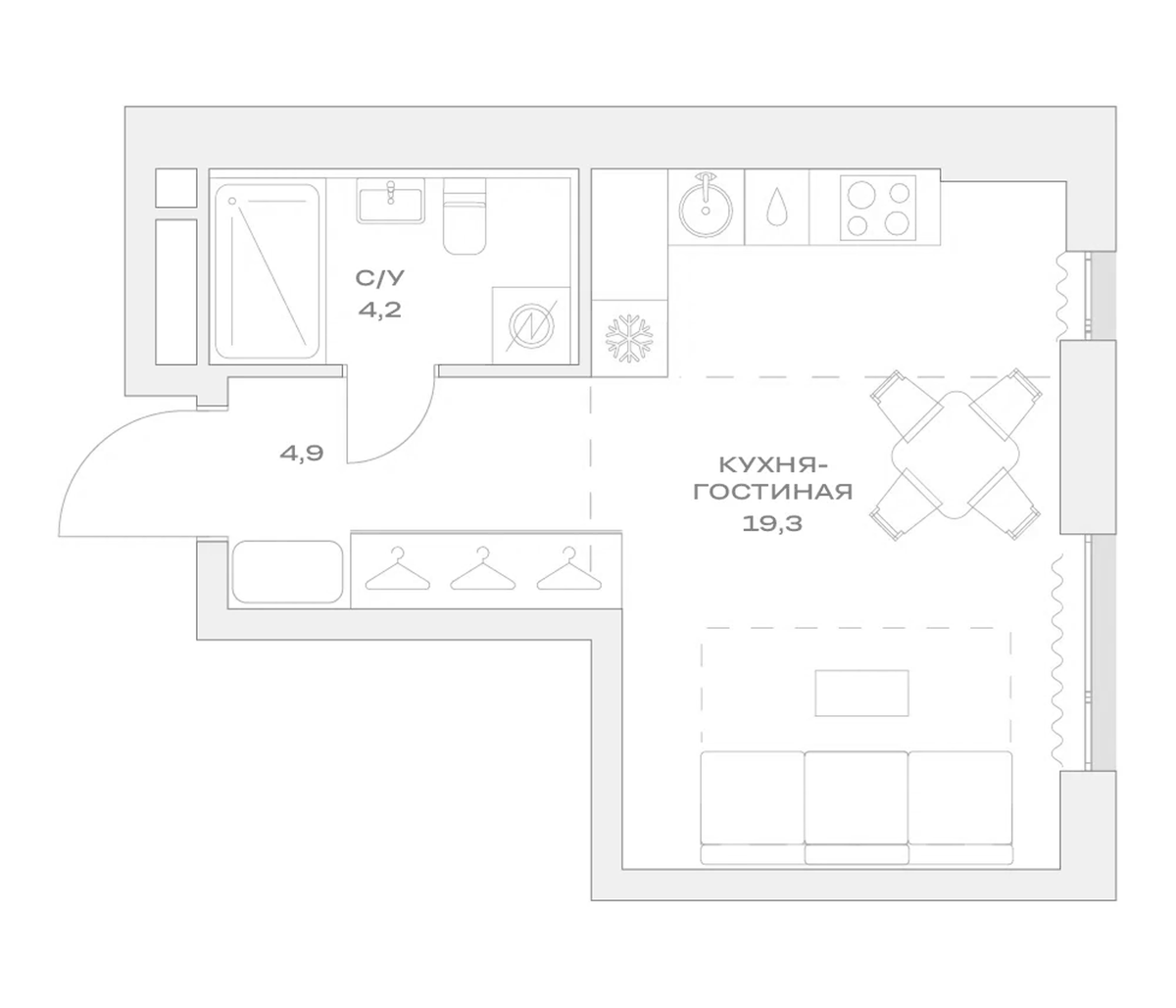 Планировка Студии 28.4 м² в ЖК «Детали», корпус 1