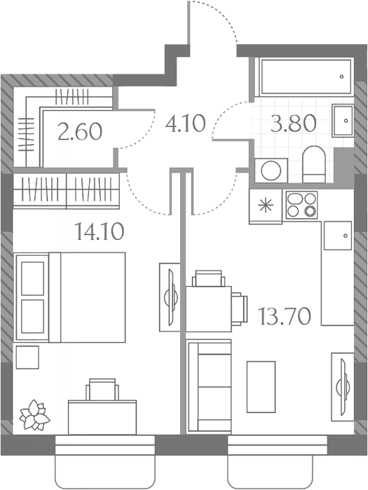 Планировка однокомнатная 38.3 м² в ЖК «Дмитровское Небо», корпус 5