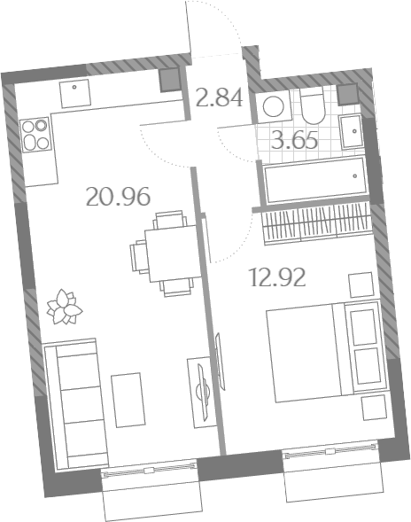 Планировка евродвушка (2Е) 40.37 м² в ЖК «Дмитровское Небо», корпус 3