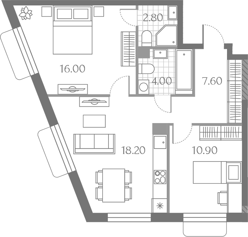 Планировка евротрёшка (3Е) 59.5 м² в ЖК «Дмитровское Небо», корпус 5