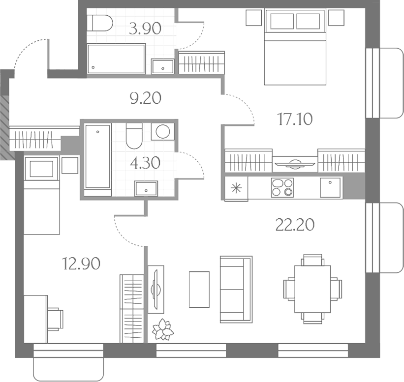 Планировка евротрёшка (3Е) 69.6 м² в ЖК «Дмитровское Небо», корпус 5
