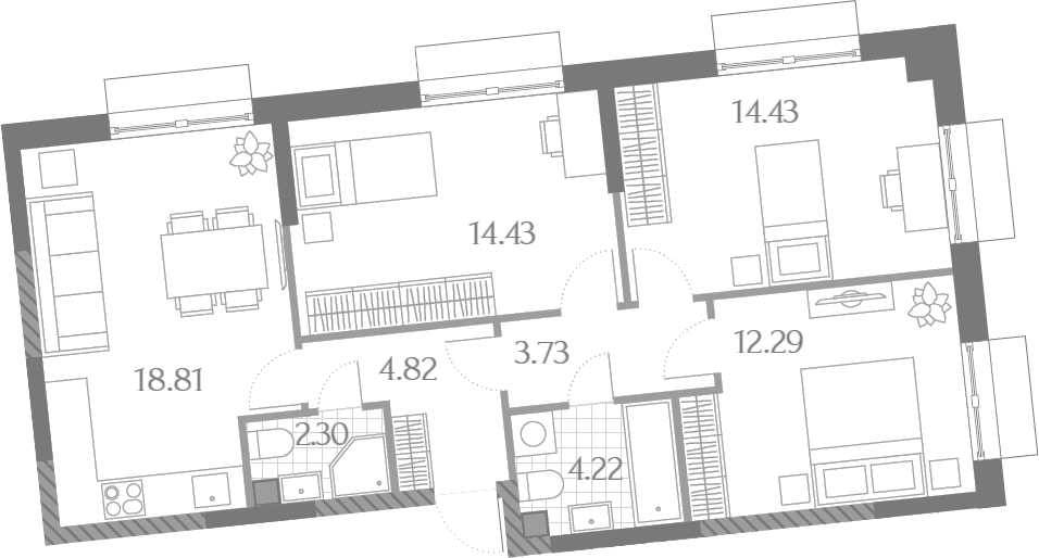 Планировка евро-4 (4Е) 75.03 м² в ЖК «Дмитровское Небо», корпус 3