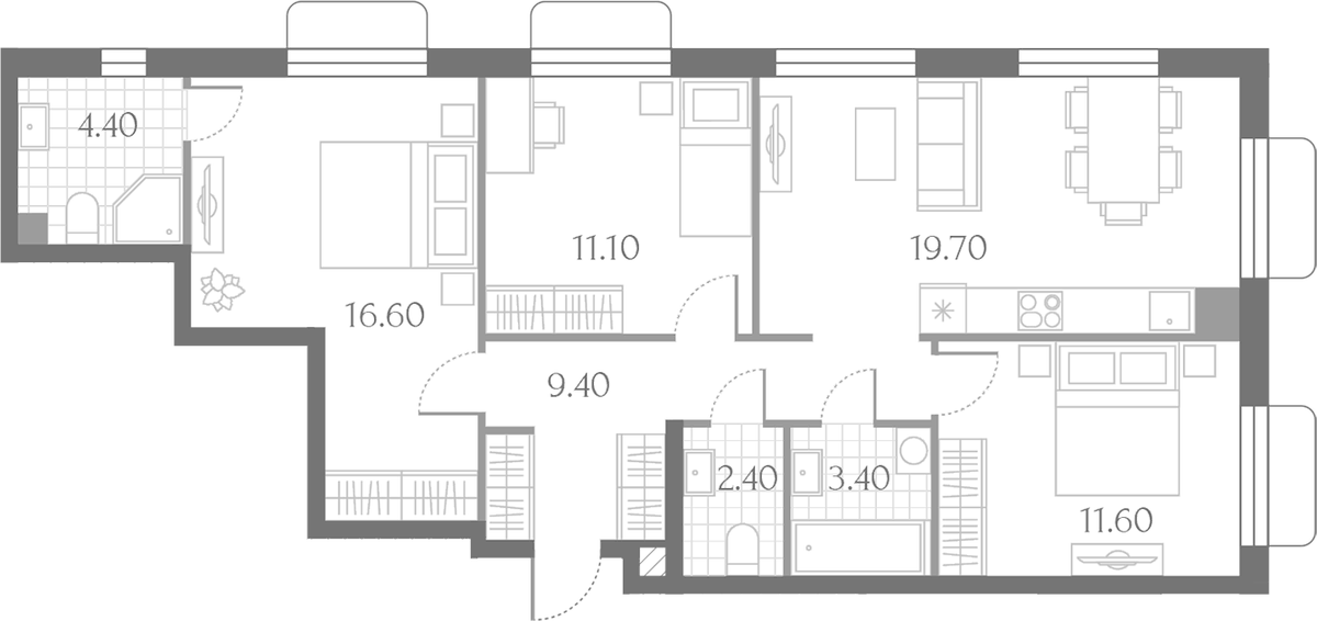 Планировка евро-4 (4Е) 78.6 м² в ЖК «Дмитровское Небо», корпус 5