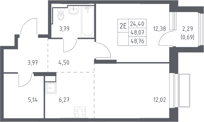Планировка евродвушка (2Е) 48.76 м² в ЖК «Долина Яузы», корпус 3