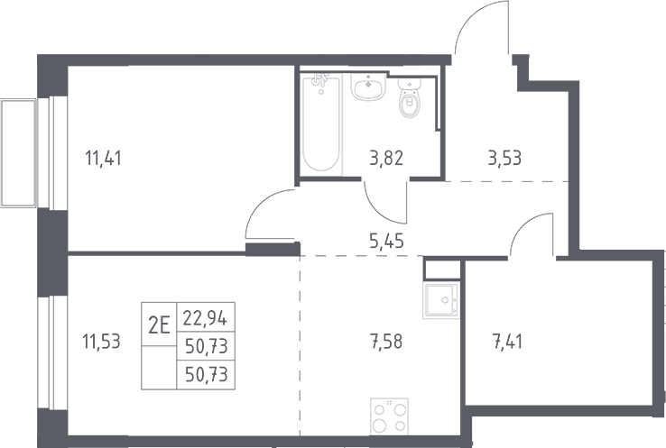 Планировка евродвушка (2Е) 50.73 м² в ЖК «Долина Яузы», корпус 3
