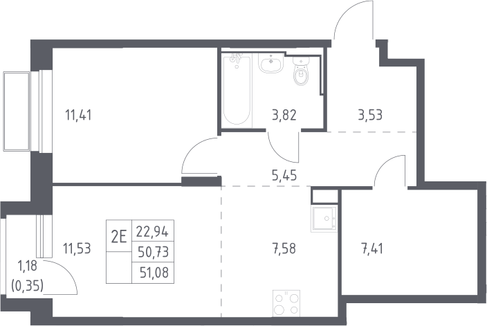 Планировка евродвушка (2Е) 51.08 м² в ЖК «Долина Яузы», корпус 3
