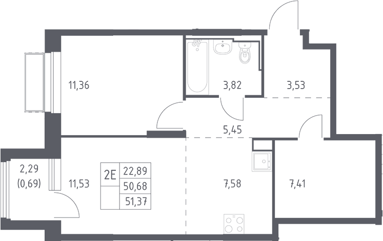 Планировка евродвушка (2Е) 51.37 м² в ЖК «Долина Яузы», корпус 3