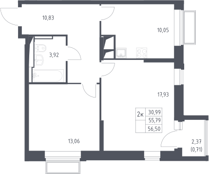 Планировка двухкомнатная 56.5 м² в ЖК «Долина Яузы», корпус 2